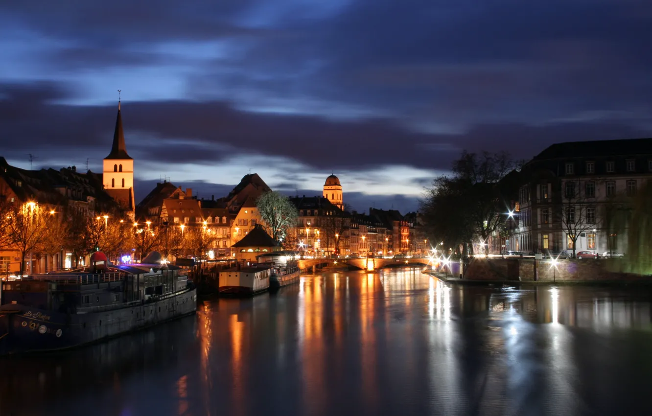 Photo wallpaper lights, reflection, river, Strasbourg