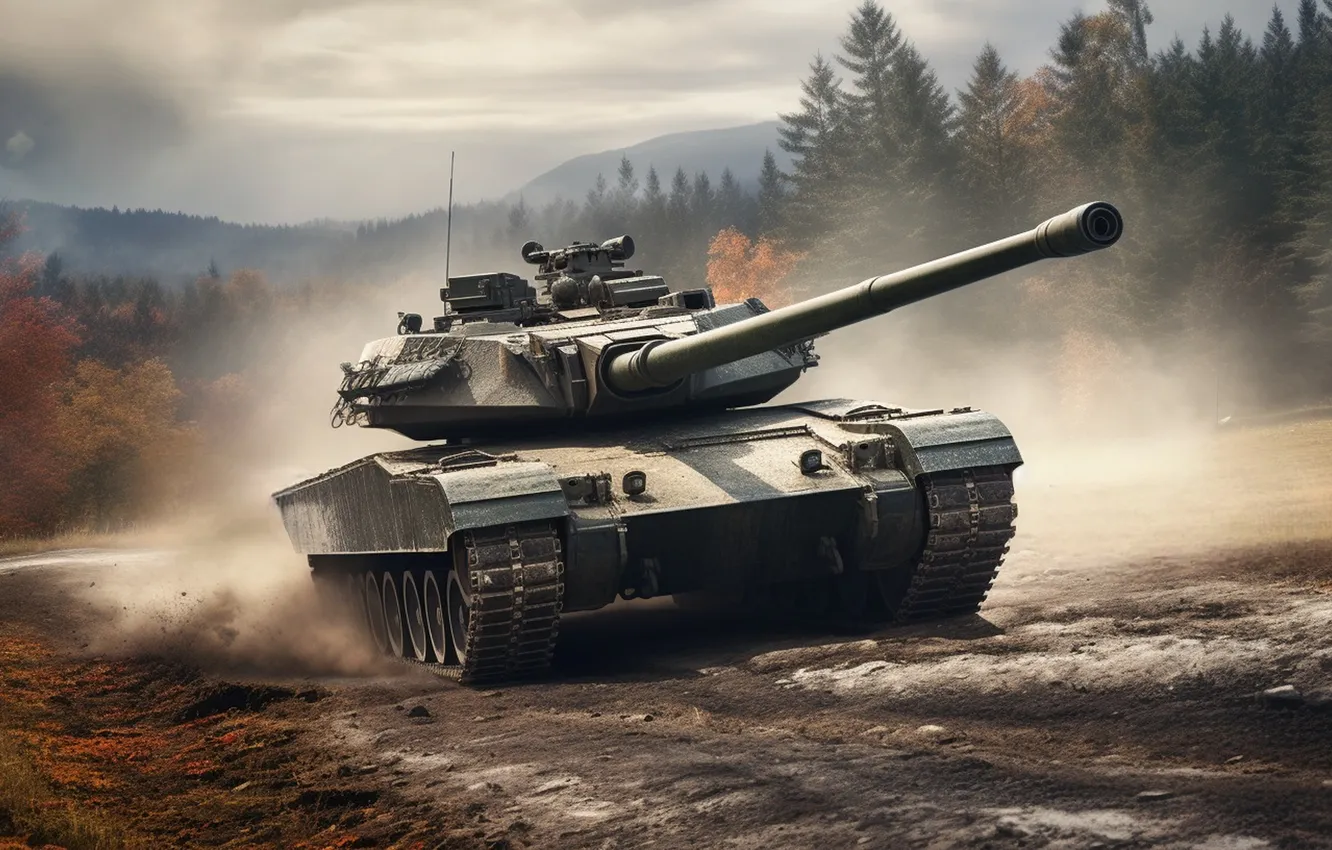 Photo wallpaper clouds, trees, dust, tank, digital art, AI art, The Art of Artificial Intelligence, neural network