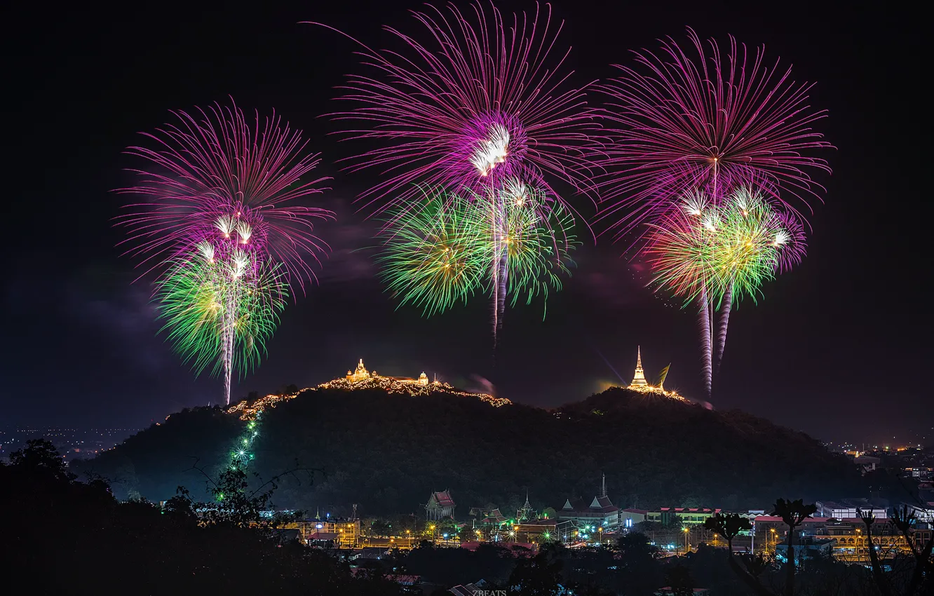 Photo wallpaper landscape, mountains, the city, holiday, beauty, the evening, fireworks