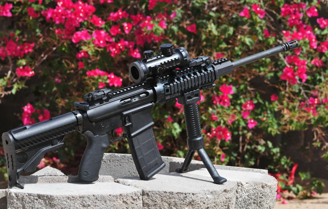 Photo wallpaper flowers, machine, rifle, M16, assault, AR-15, fry