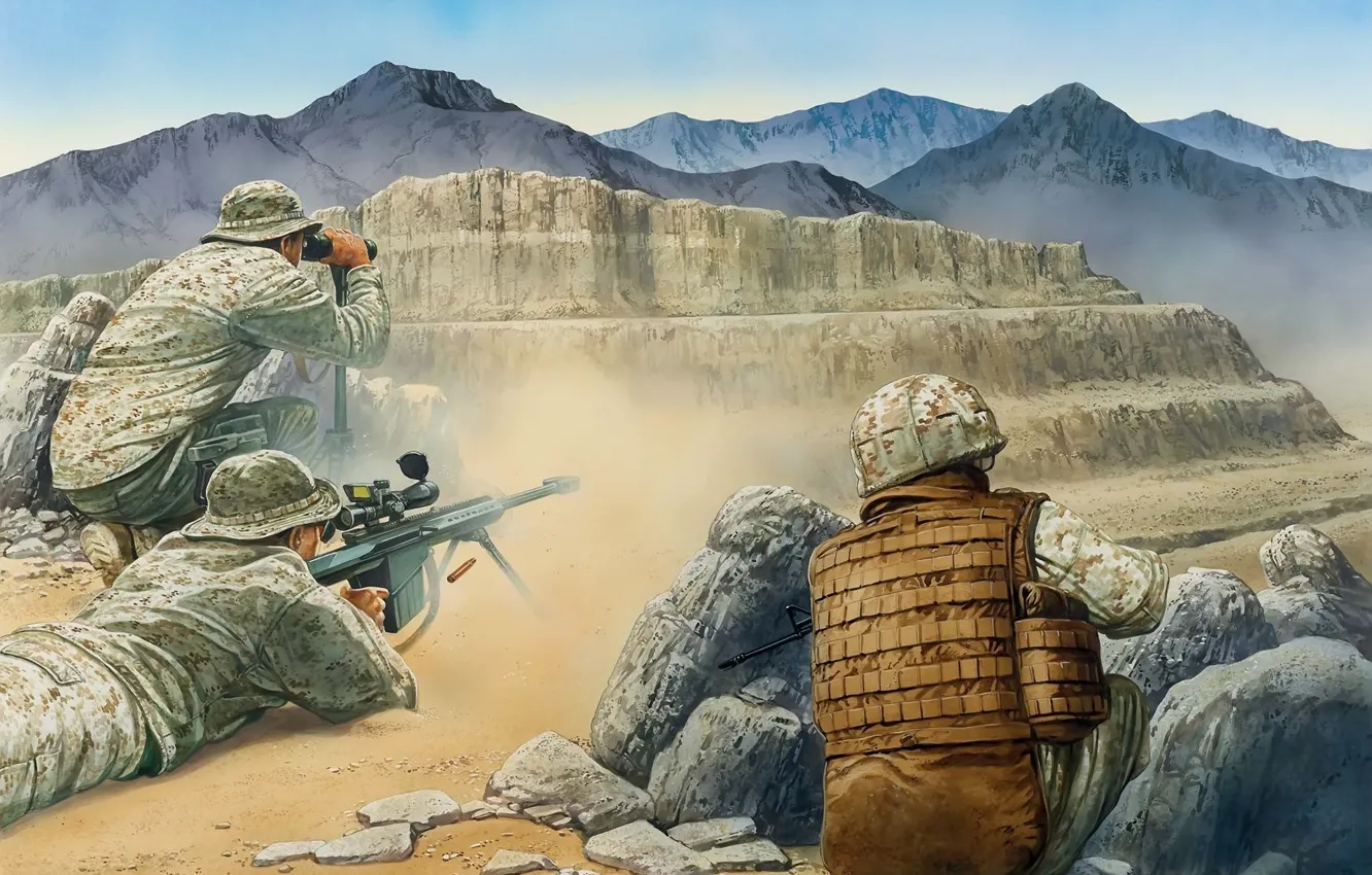 Photo wallpaper mountains, weapons, art, soldiers, equipment, Afghanistan