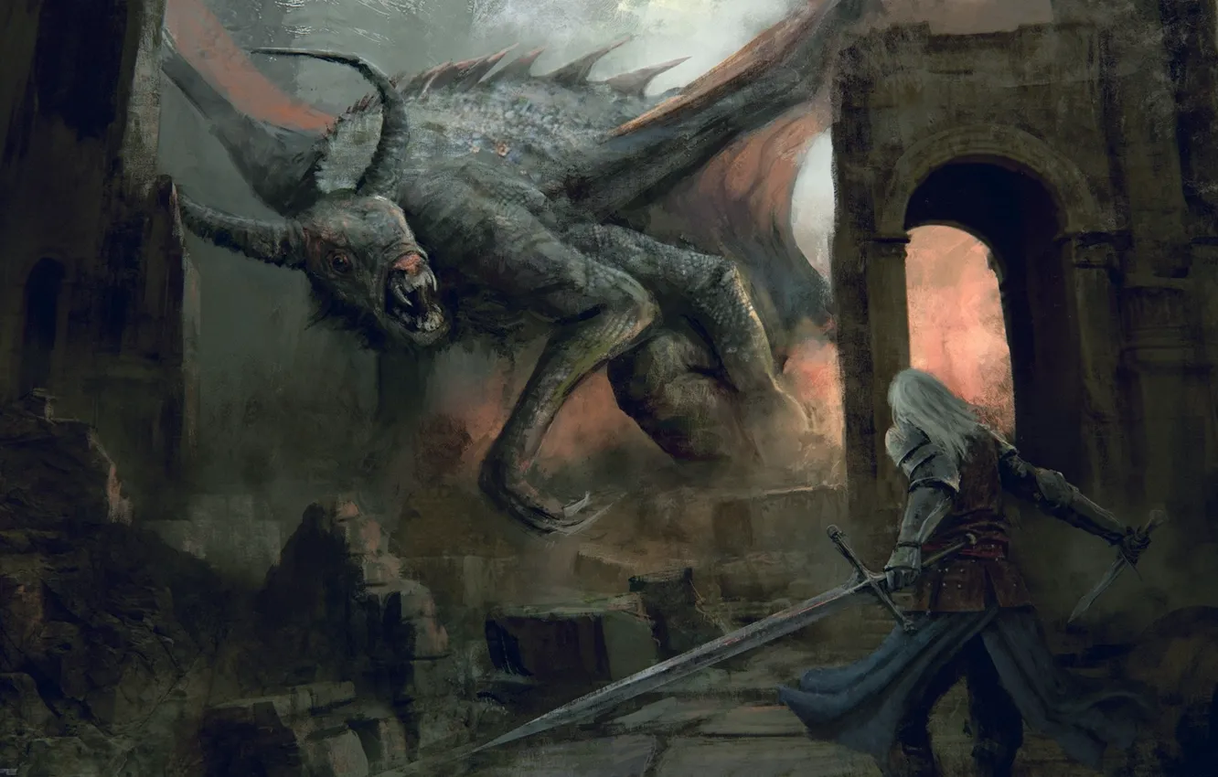 Photo wallpaper weapons, monster, warrior, fantasy, art, ruins, dark fantasy