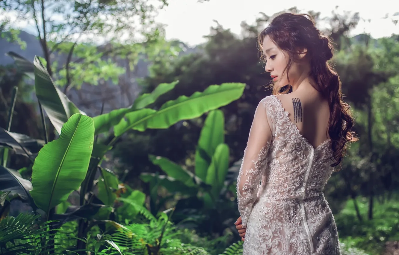 Photo wallpaper greens, dress, tattoo, Asian