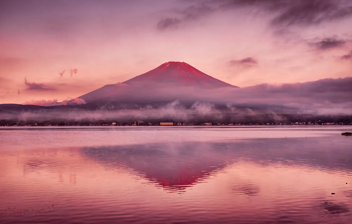 Photo wallpaper sunset, mountains, nature, lake