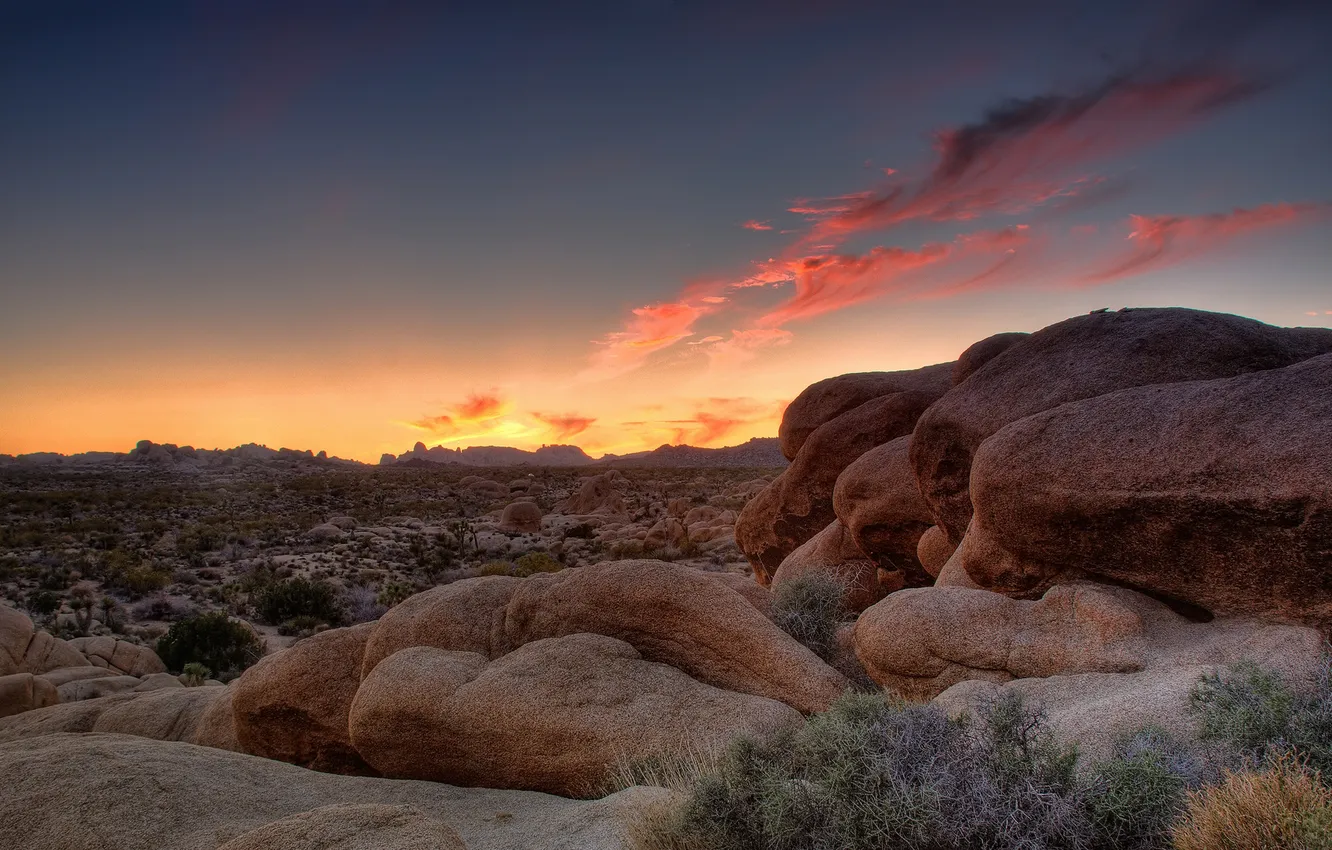 Photo wallpaper the sky, clouds, sunset, stones, desert