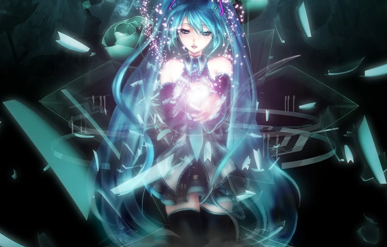 Photo wallpaper girl, light, balls, vocaloid, hatsune miku, sitting