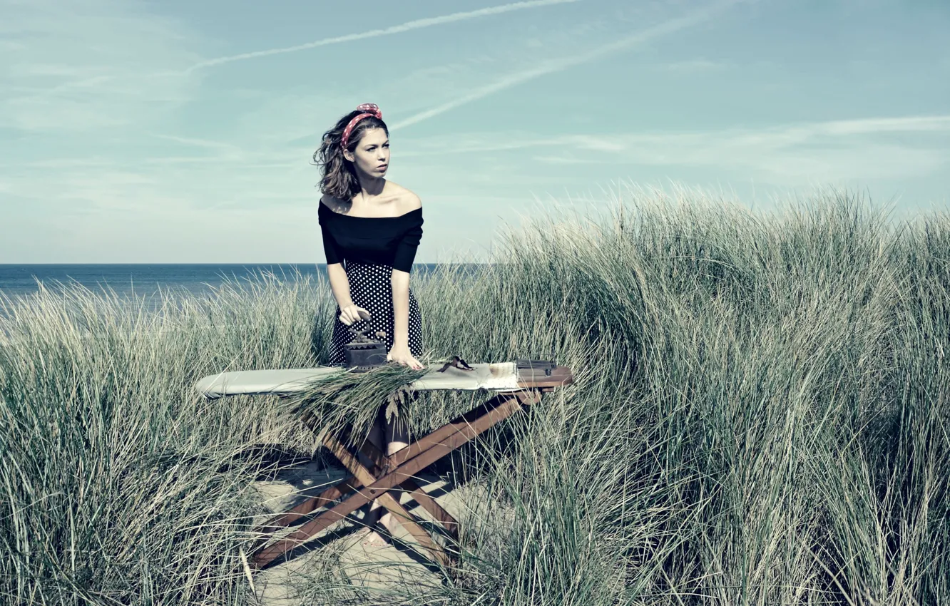 Photo wallpaper girl, iron, on the shore, Ironing, Beach Grass