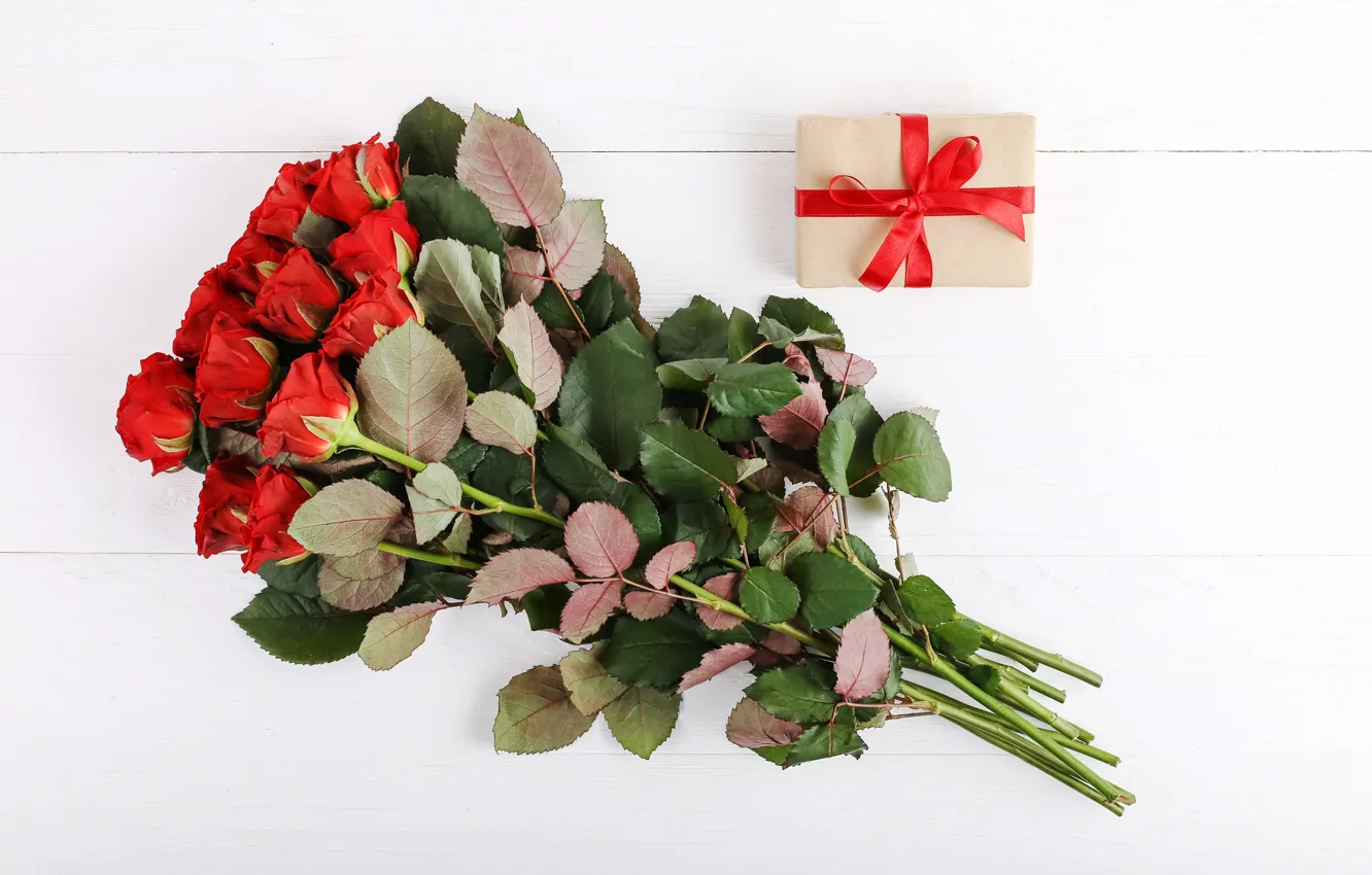 Photo wallpaper roses, holiday, background, gift, bouquet, white, red