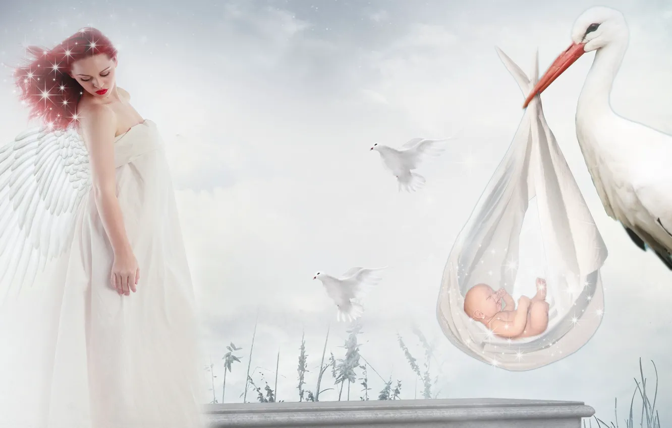 Photo wallpaper girl, children, style, background, stork