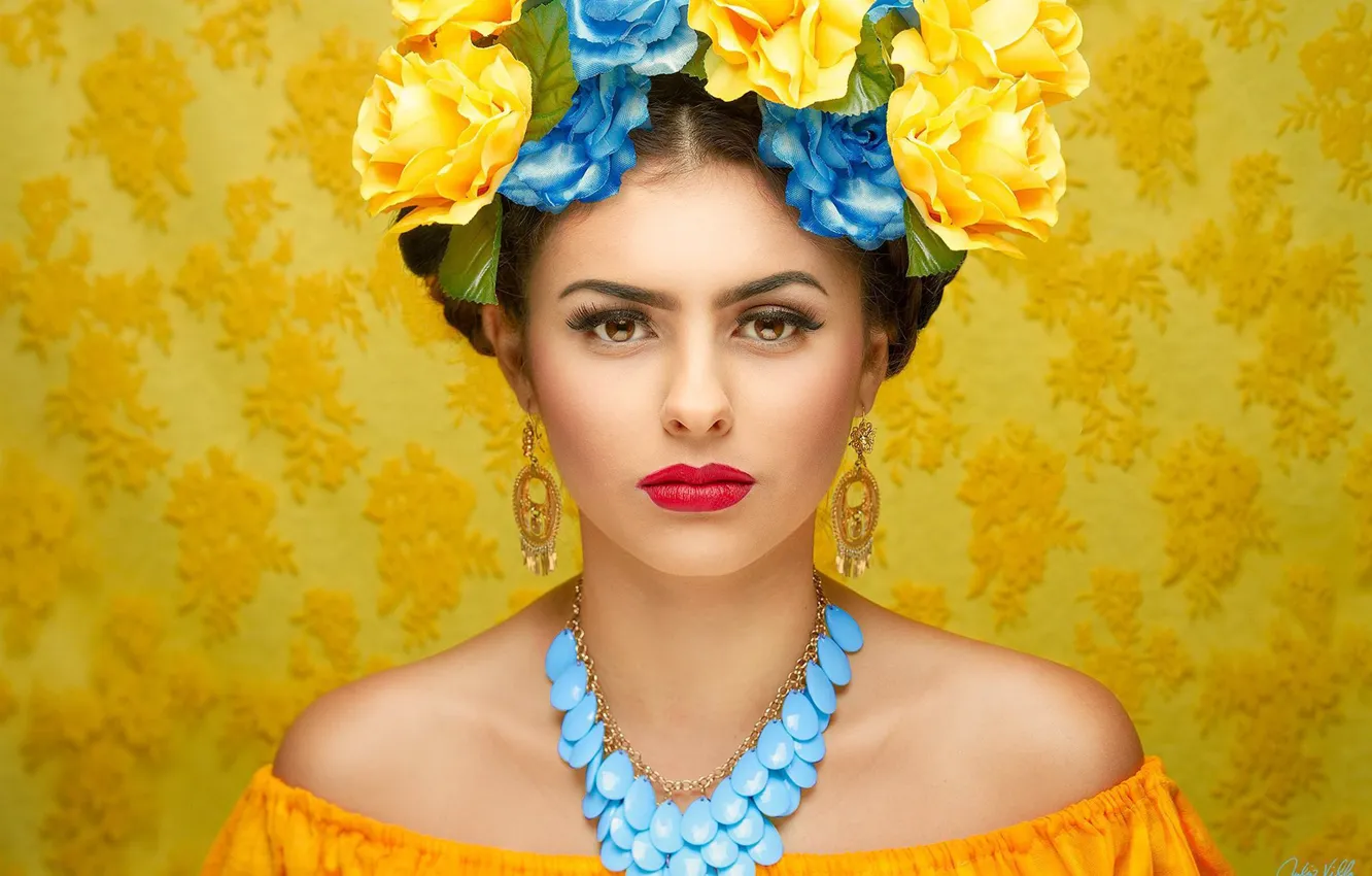 Photo wallpaper look, girl, flowers, face, style, background, portrait, earrings