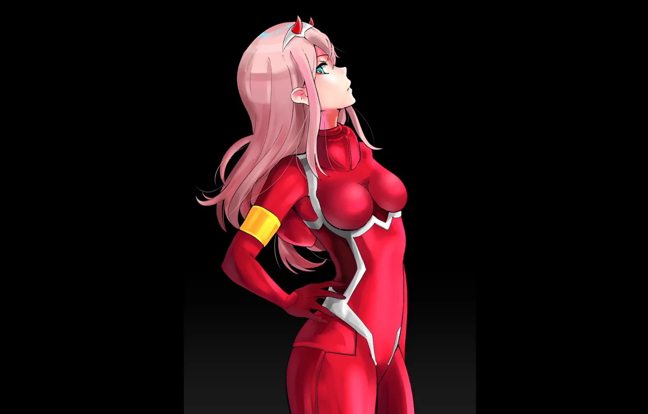 Photo wallpaper girl, horn, black background, 002, Darling In The Frankxx, Cute in France, Zero Two