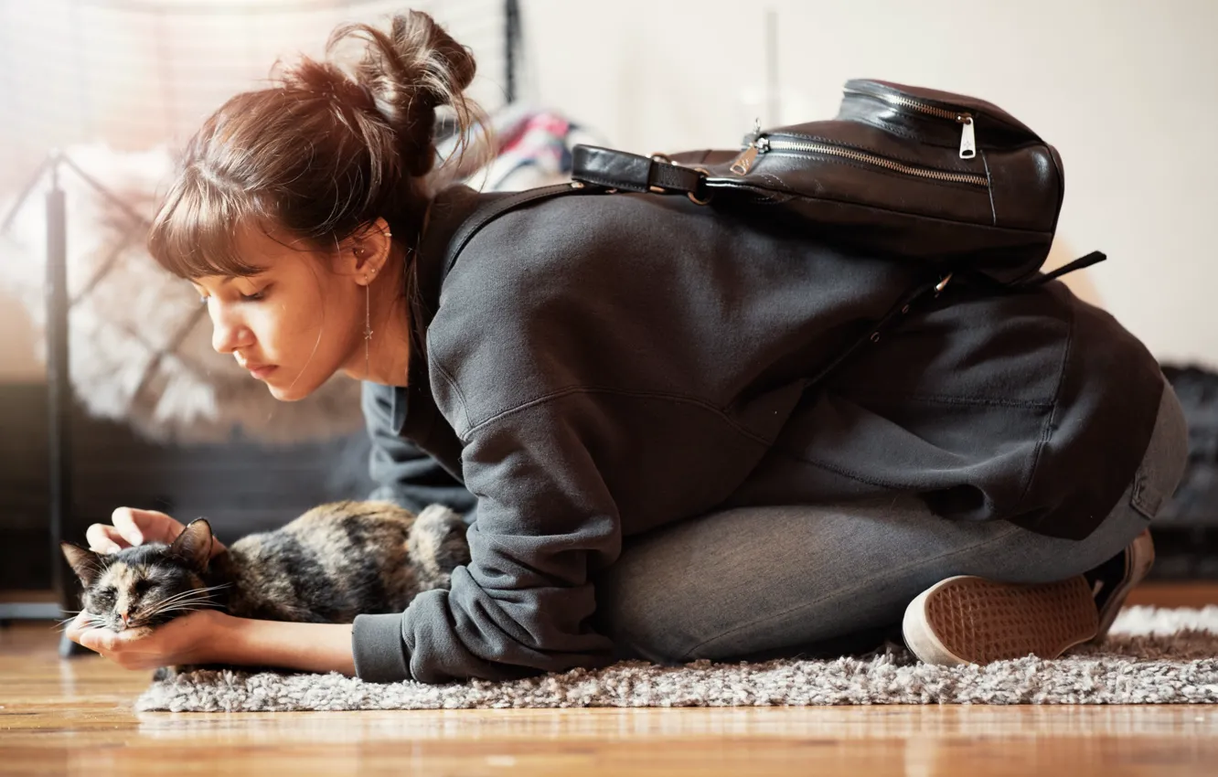 Photo wallpaper cat, girl, face, room, hair, stroking