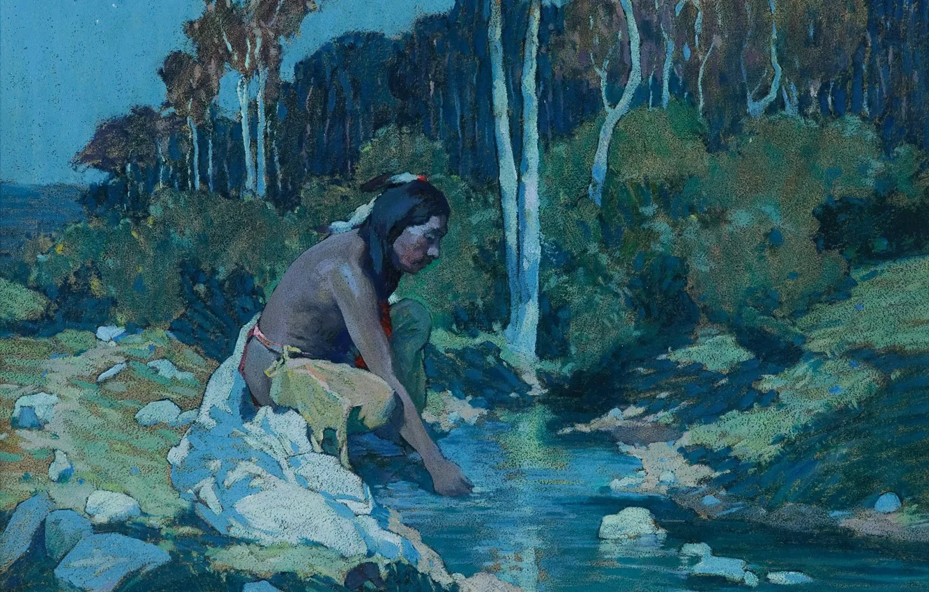 Photo wallpaper Eanger Irving Couse, the Indian in the Creek, Moonlight 2, Taos