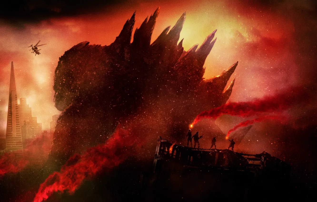 Photo wallpaper clouds, city, the city, people, skyscrapers, dark, fire, red