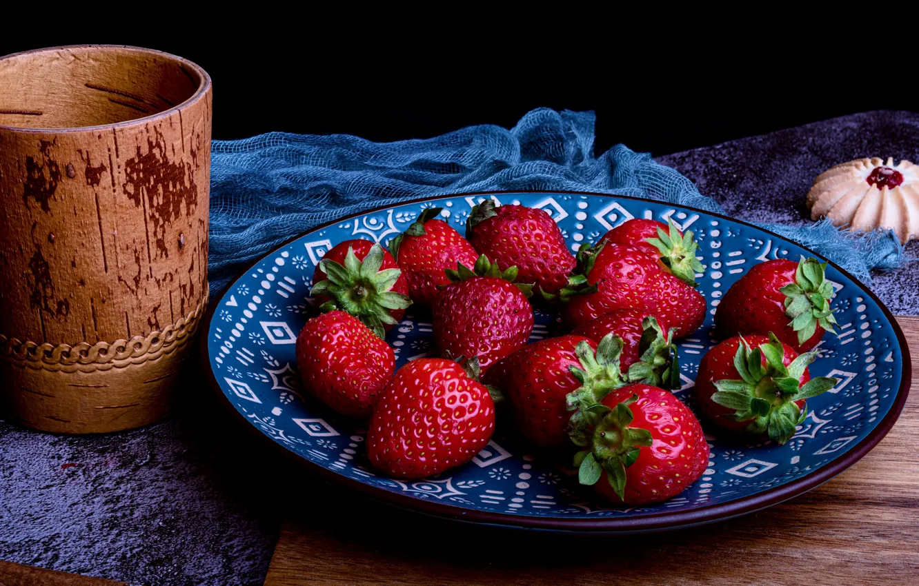 Photo wallpaper blue, red, berries, table, cookies, strawberry, plate, still life