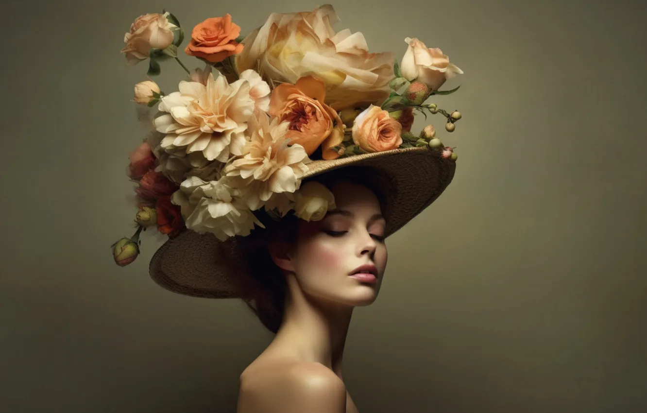 Photo wallpaper girl, flowers, hat, AI art