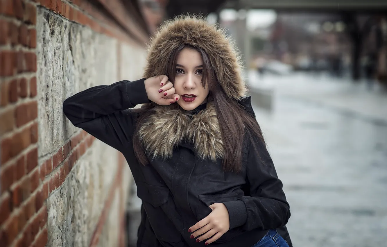 Photo wallpaper model, hood, bokeh, Lucia, devushka