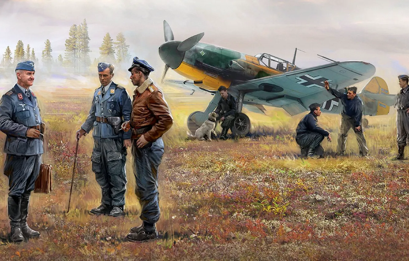Photo wallpaper Germany, the Wehrmacht, Luftwaffe, Ivan Hurenko, fighter-low, single-engined piston fighter, German pilots, with German Ground …