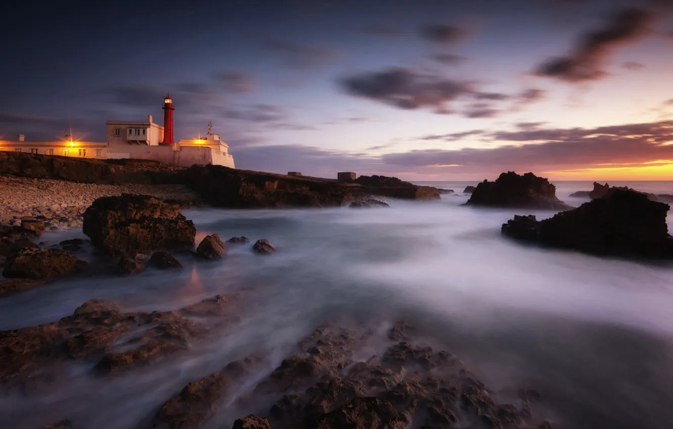 Photo wallpaper sea, night, shore, lighthouse