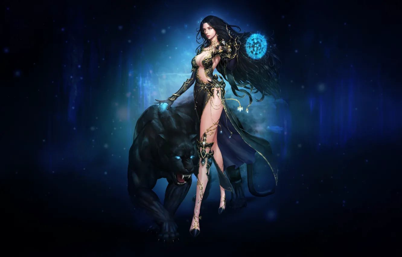 Photo wallpaper cat, cat, girl, style, fiction, magic, figure, Panther
