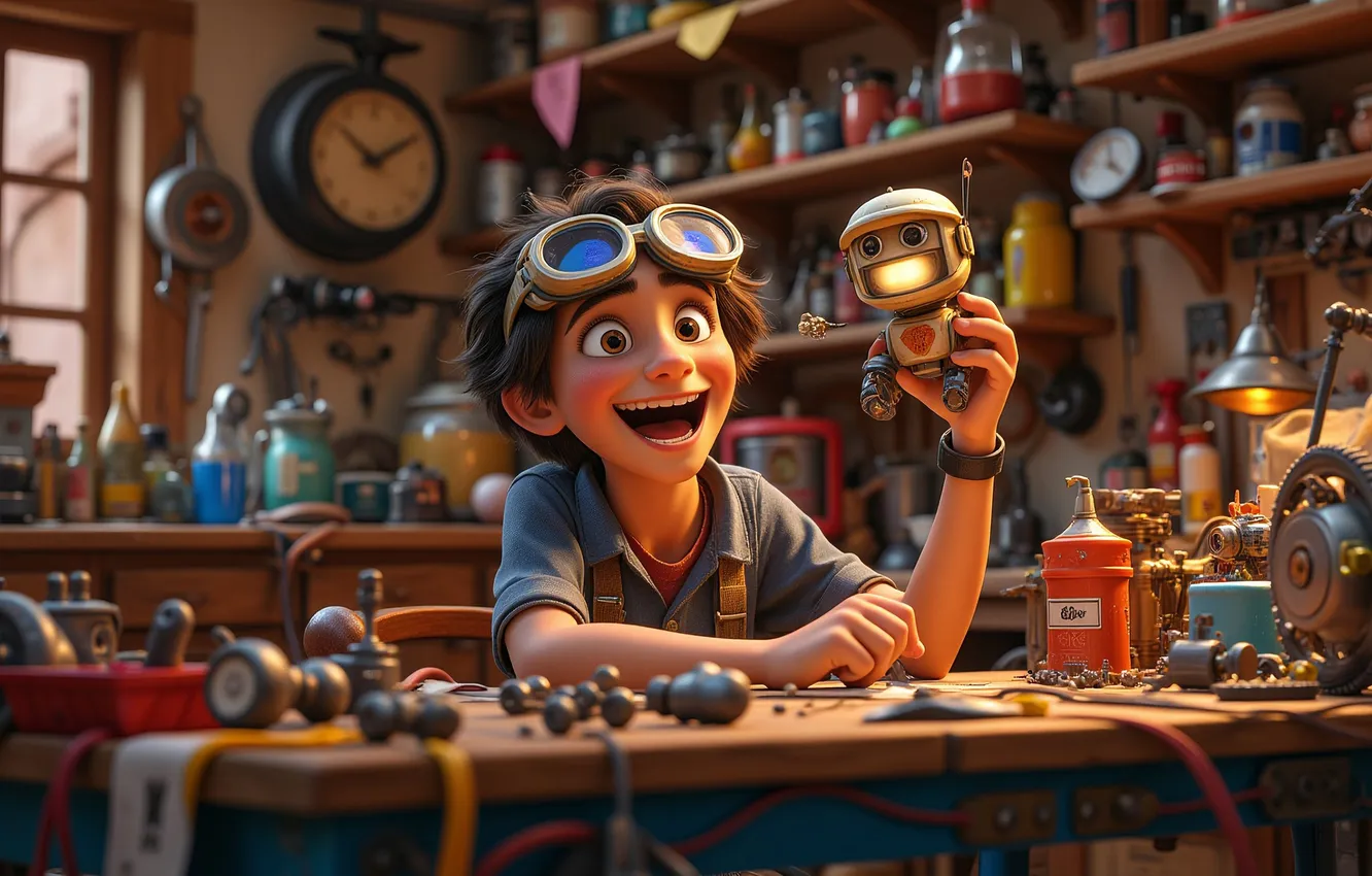 Photo wallpaper cartoon, guy, workshop, inventor