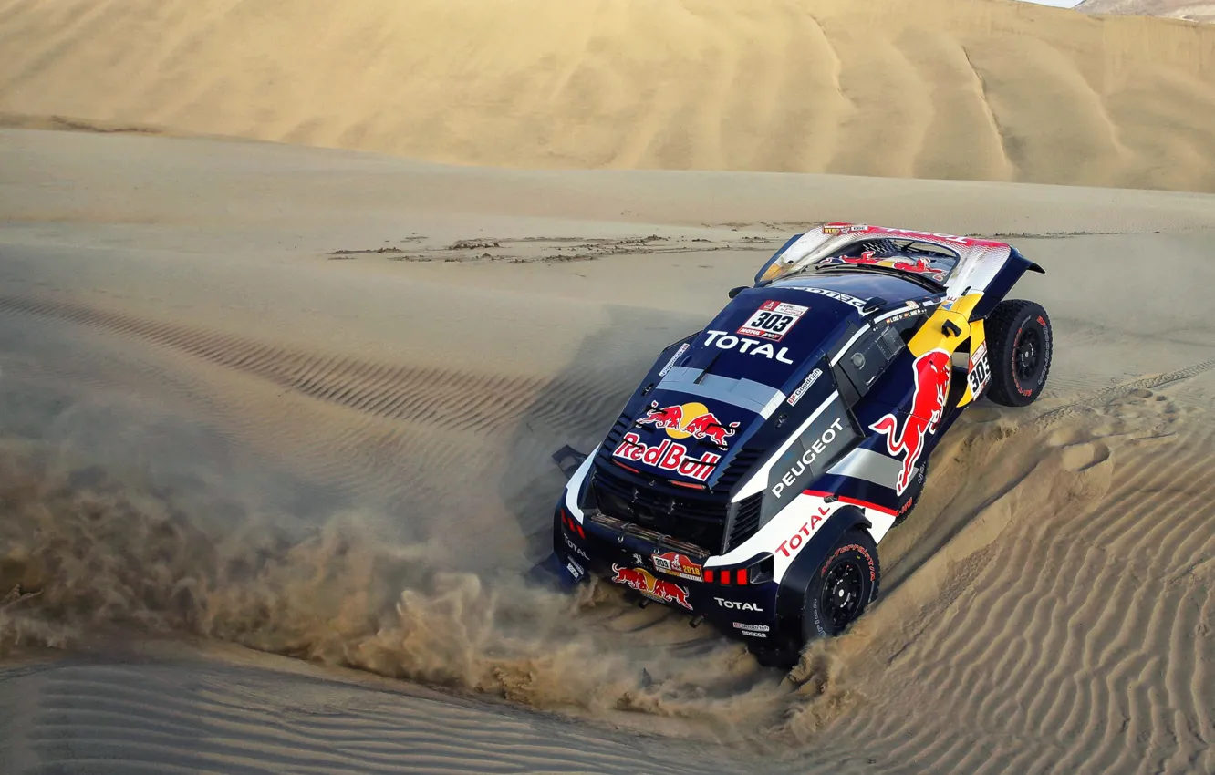 Photo wallpaper Sand, Auto, Sport, Machine, Speed, Race, Peugeot, Red Bull