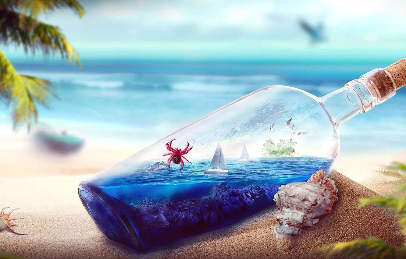 Photo wallpaper beach, the ocean, boat, island, bottle, crab