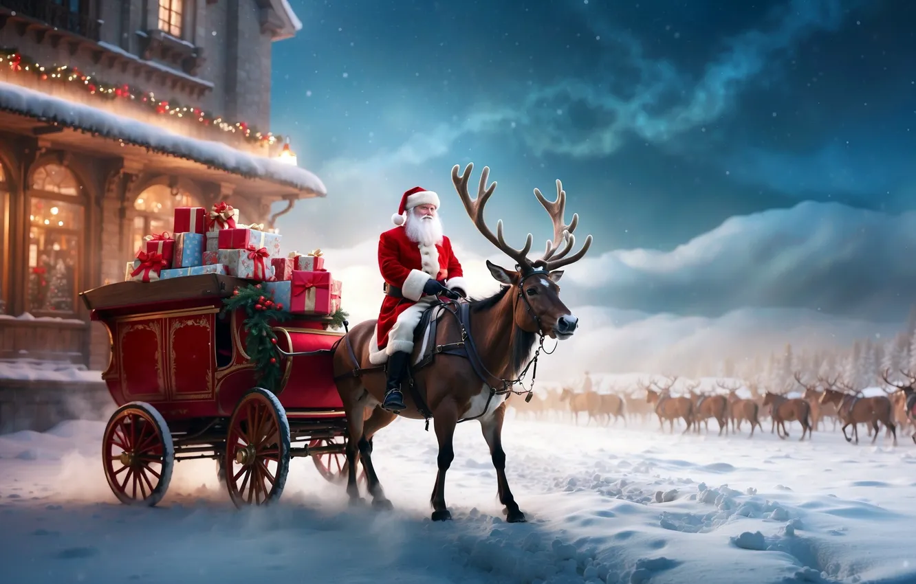 Photo wallpaper winter, snow, holiday, gift, new year, deer, art, Christmas