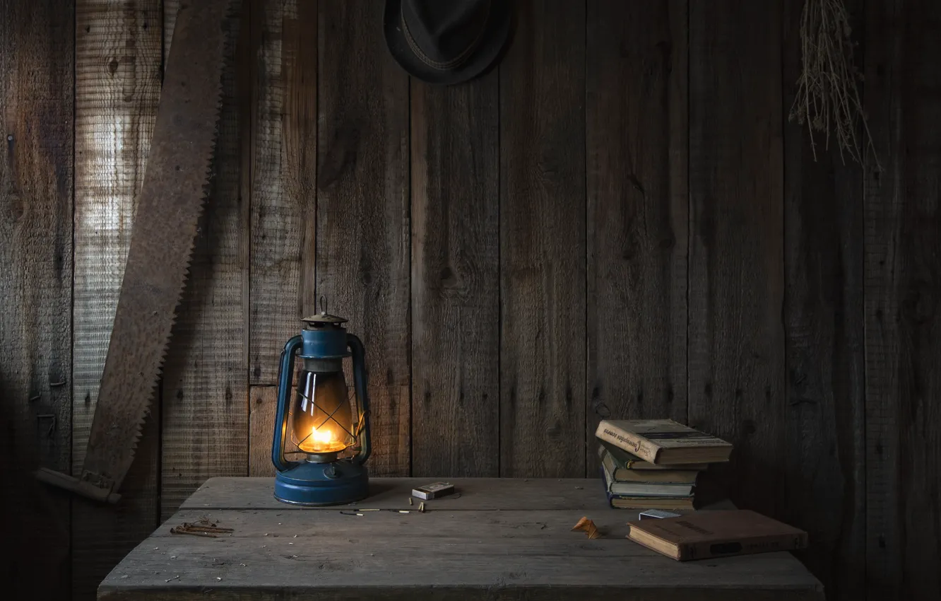 Photo wallpaper heat, table, tree, fire, Board, books, lamp, kerosene stove