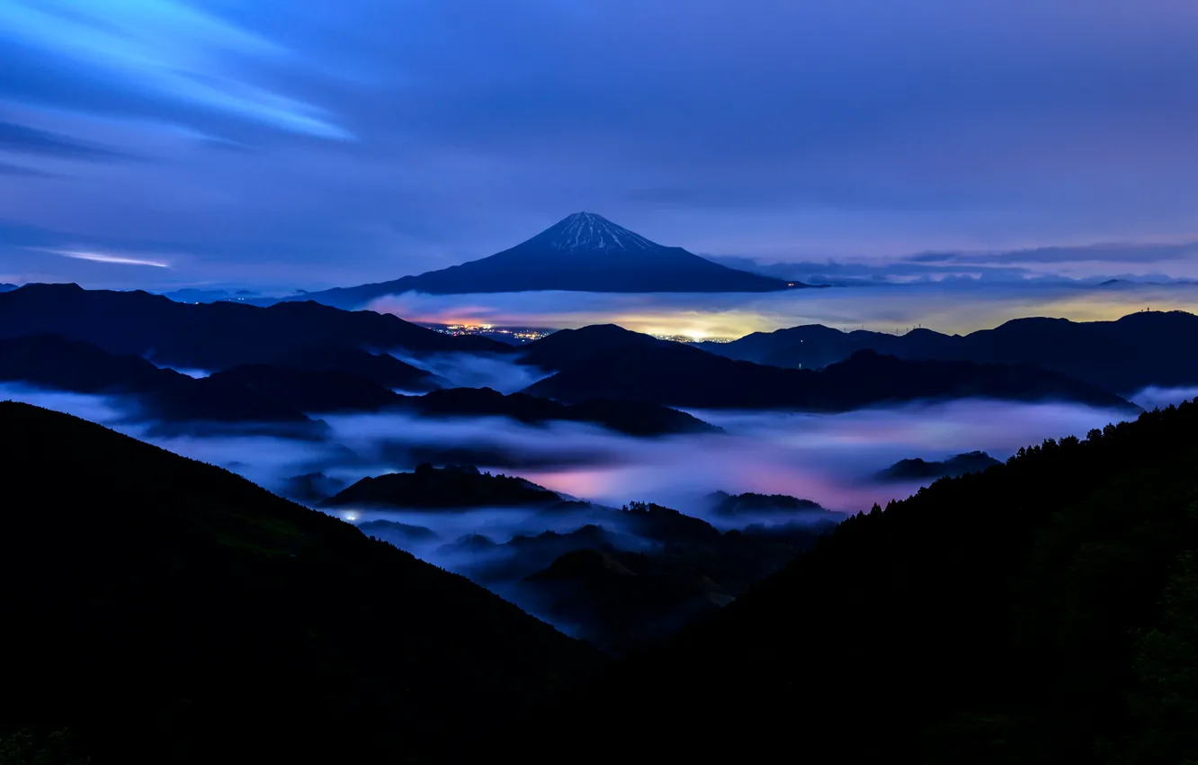 Photo wallpaper mountain, the evening, Japan, Fuji, stratovolcano, Mount Fuji, the island of Honshu