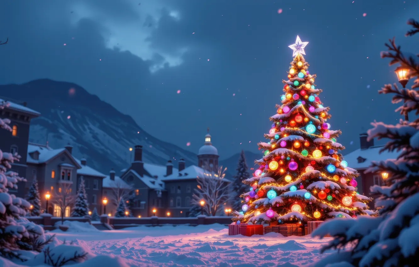 Photo wallpaper winter, balls, snow, mountains, night, the city, lights, glade