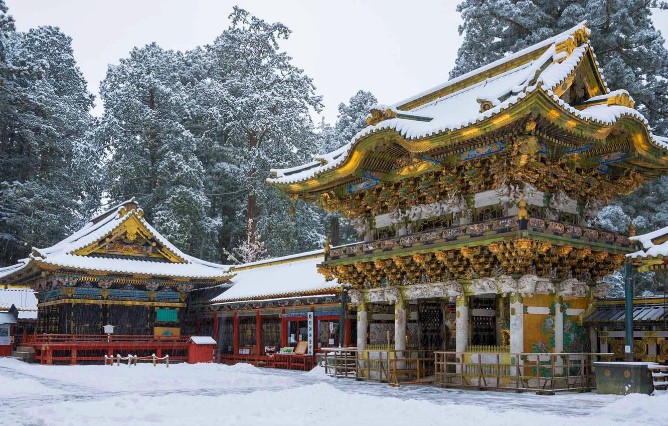 Photo wallpaper winter, snow, holiday, Japan, pagoda
