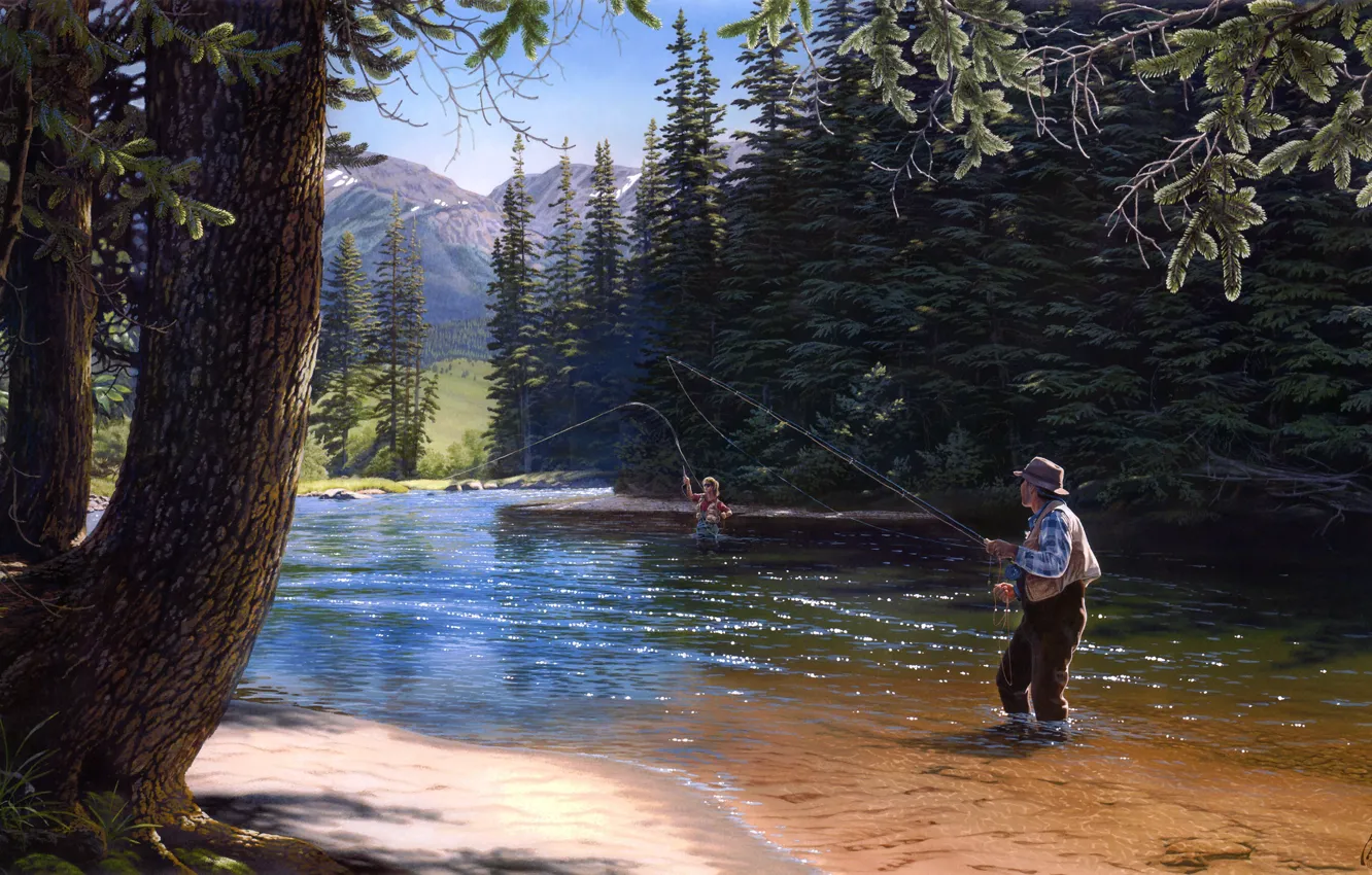 Photo wallpaper nature, river, fishing, tree, spruce, painting, Al Agnew, coniferous trees