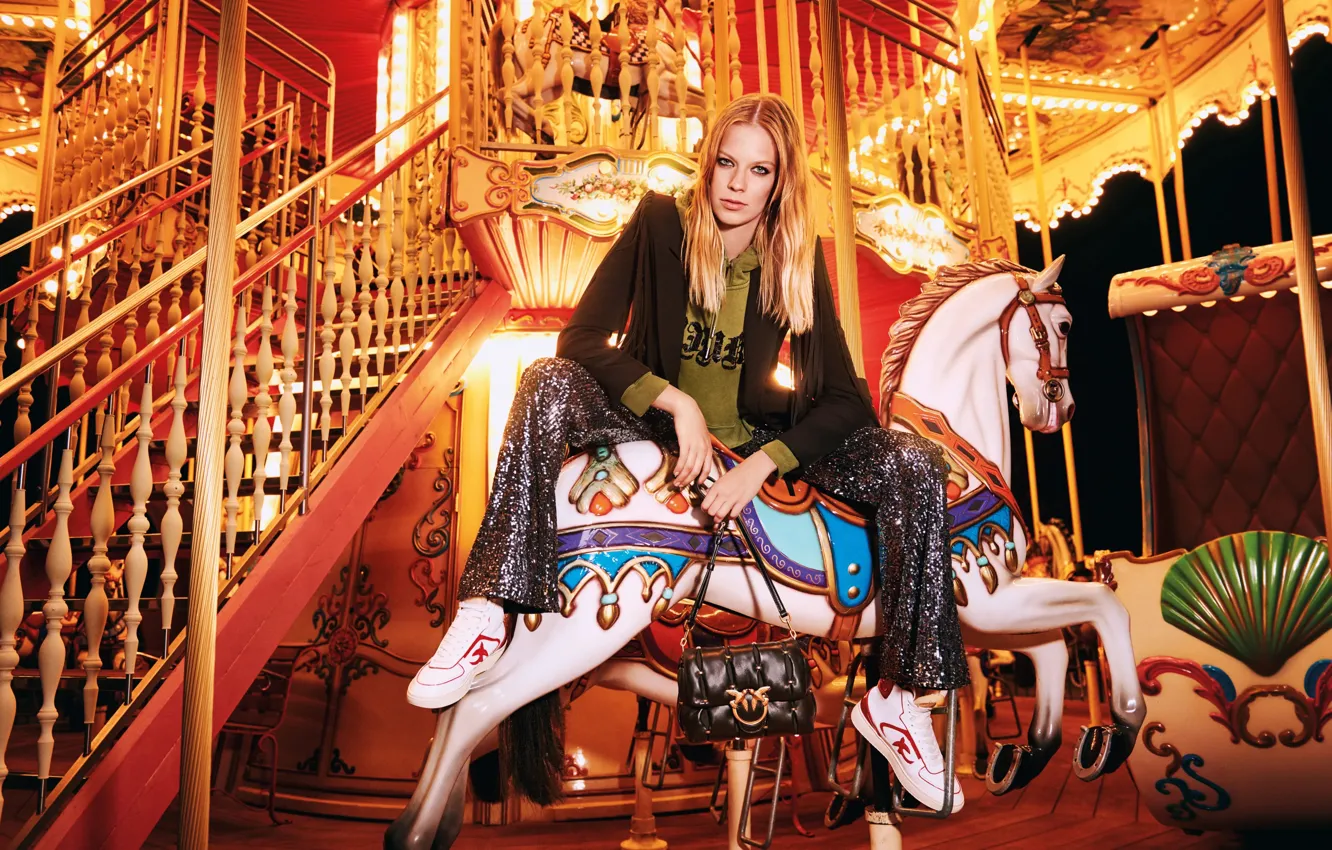 Photo wallpaper Girl, Fashion, Horse, 2022, Amusement Park, Fall Winter 2021-2022 collection, PINKO Wonderland, Amusement park