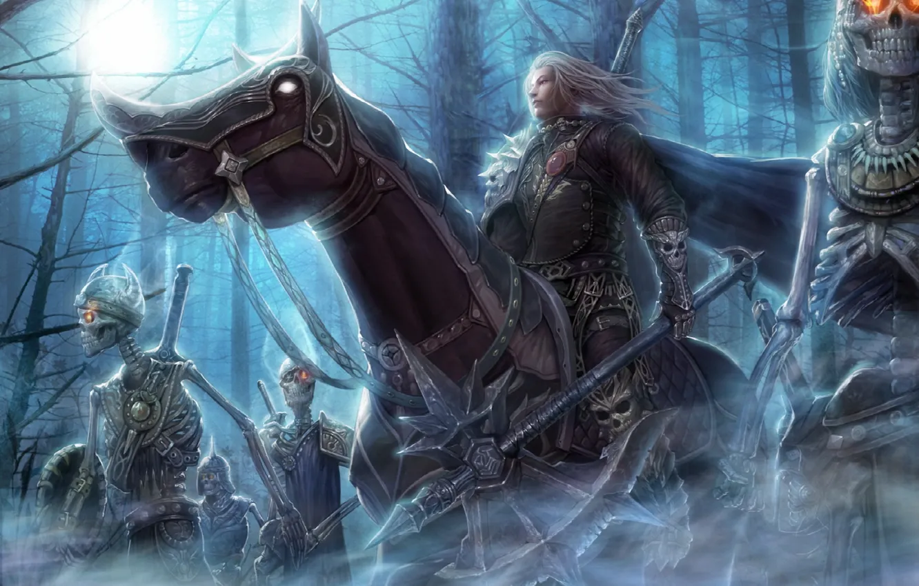 Photo wallpaper forest, night, weapons, horse, art, rider, skeletons, undead