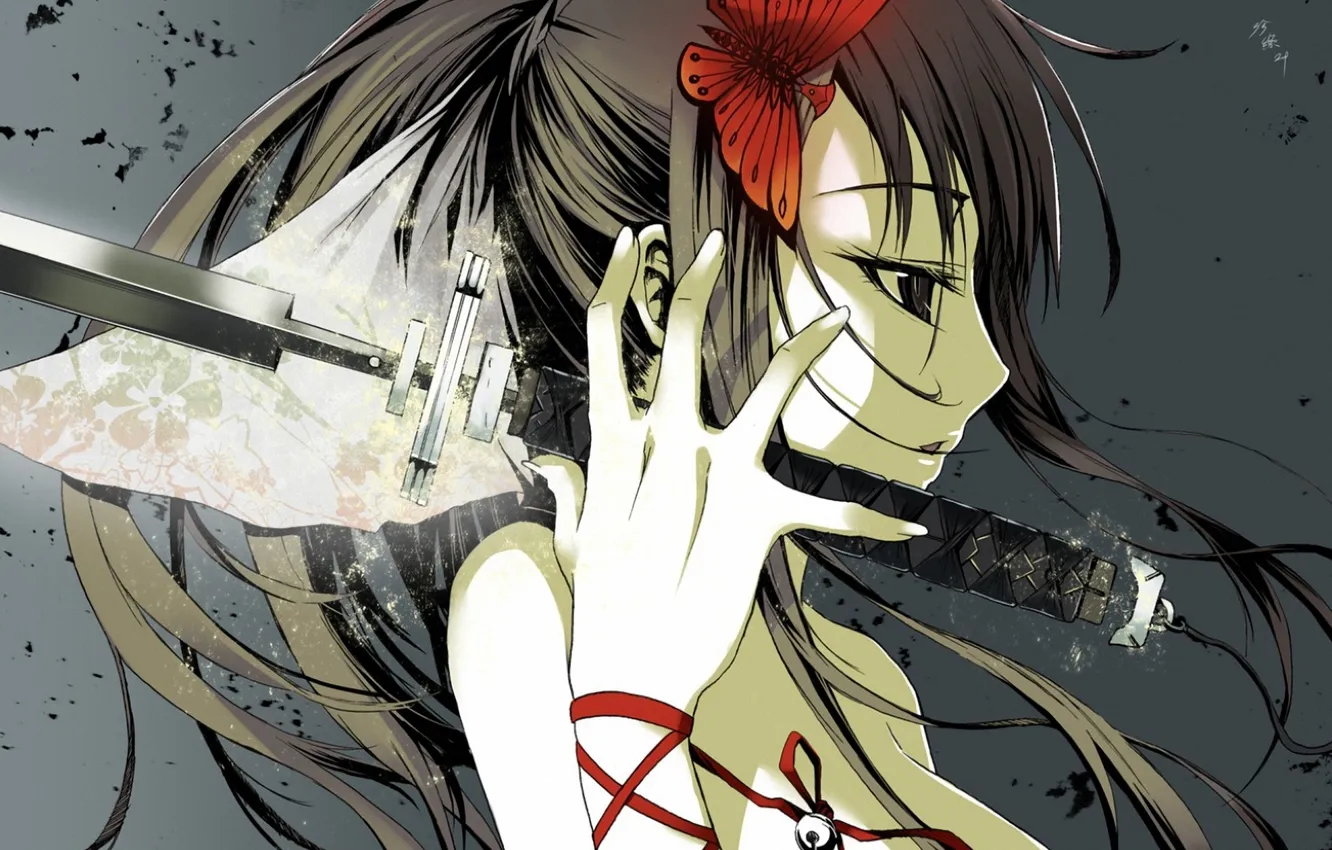 Photo wallpaper girl, weapons, butterfly, sword, art, tape, profile, red