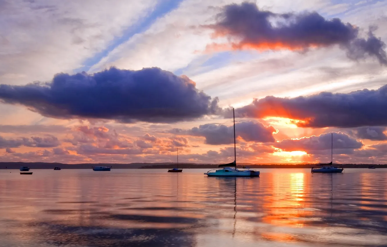 Photo wallpaper sea, the sky, clouds, boats, mirror