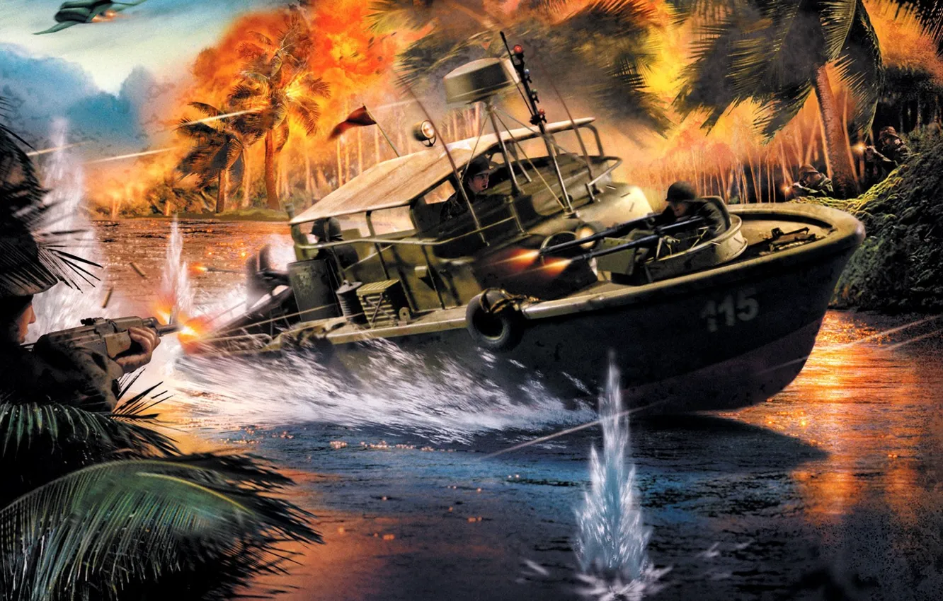 Photo wallpaper water, boat, shooting, battlefield