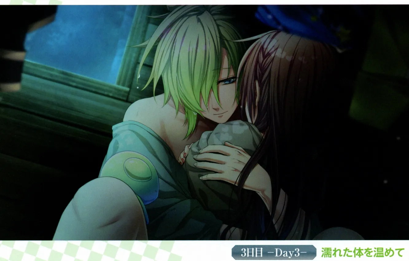 Photo wallpaper date, green hair, hug, visual novel, glass heart princess, kyouko himeno, the guy with the …