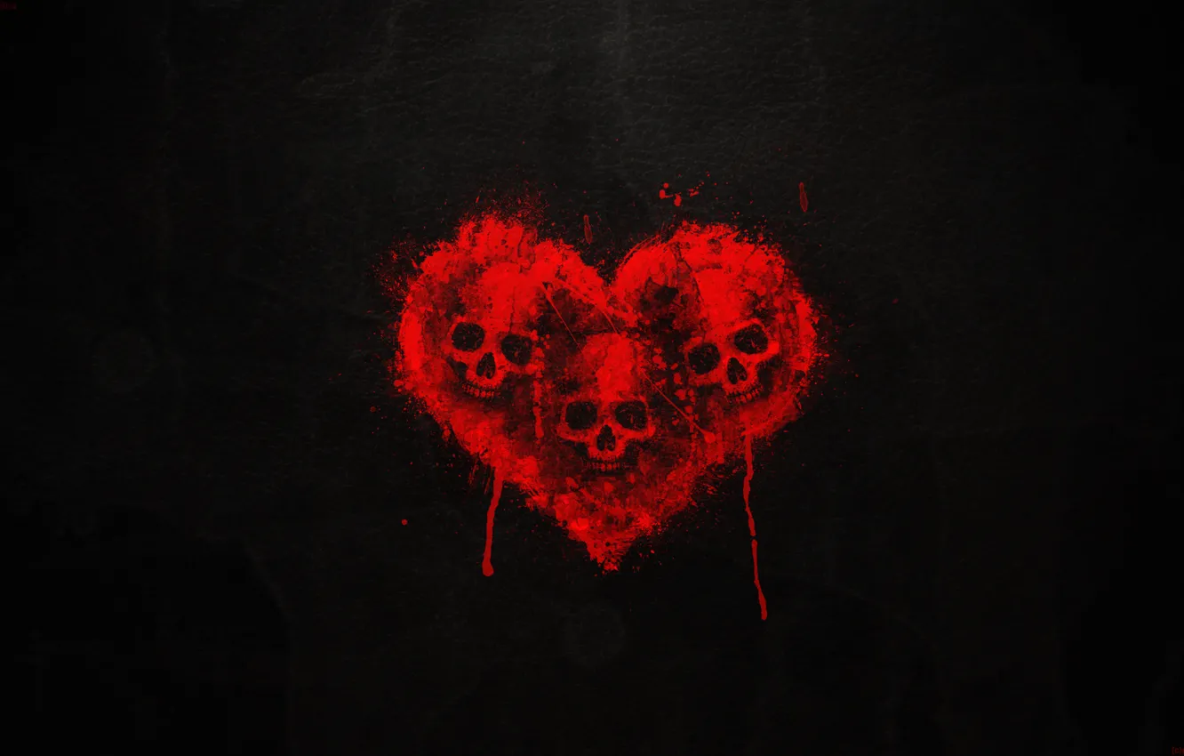 Photo wallpaper blood, Heart, Skull, black background, Three skulls