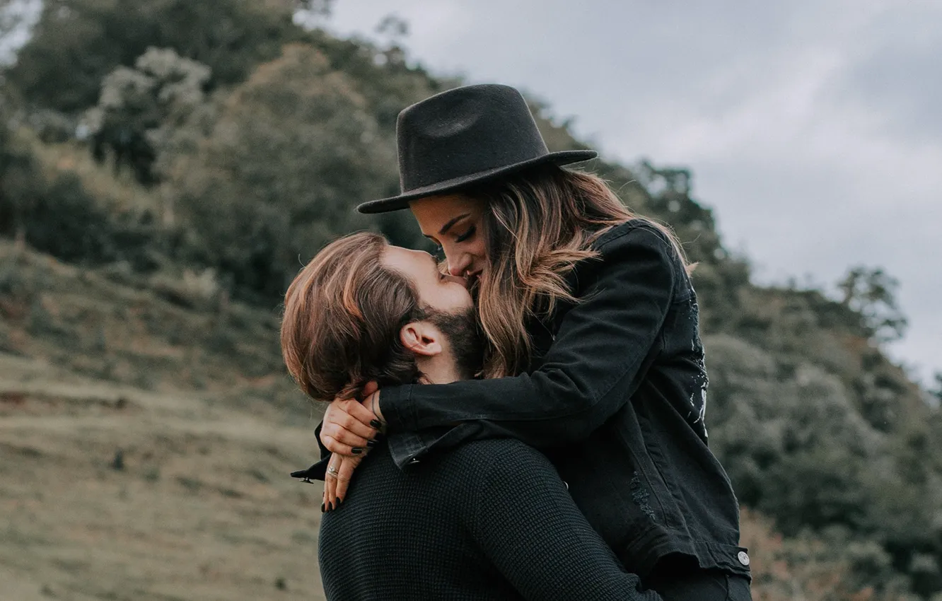 Photo wallpaper girl, love, photography, hat, woman, man, kiss, boy