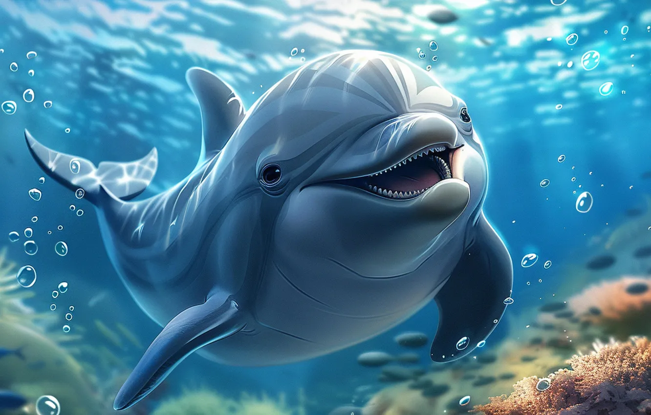 Photo wallpaper corals, dolphins, underwater world, digital art, AI art, The Art of Artificial Intelligence, neural network