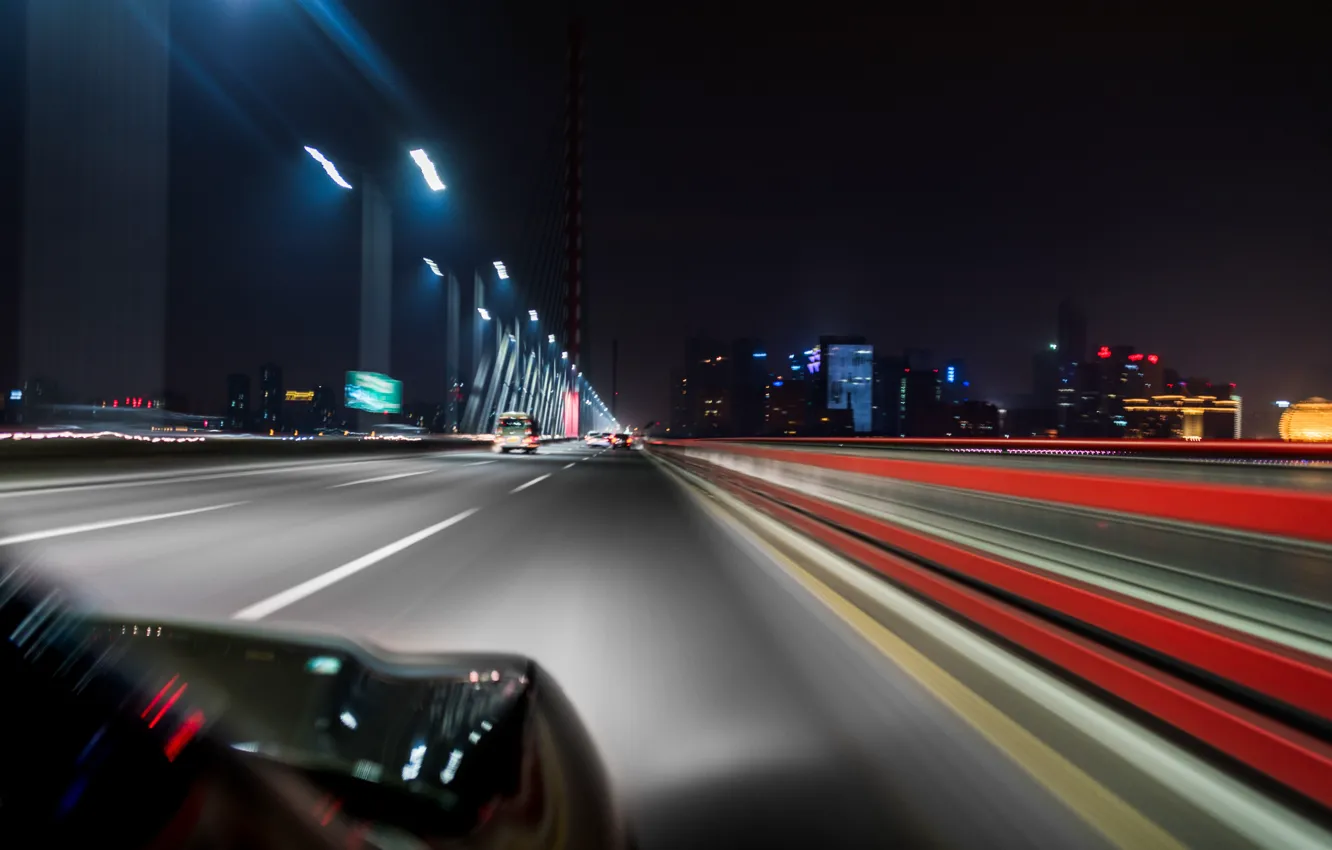 Photo wallpaper road, the city, markup, excerpt, blur, car, night, skyscrapers