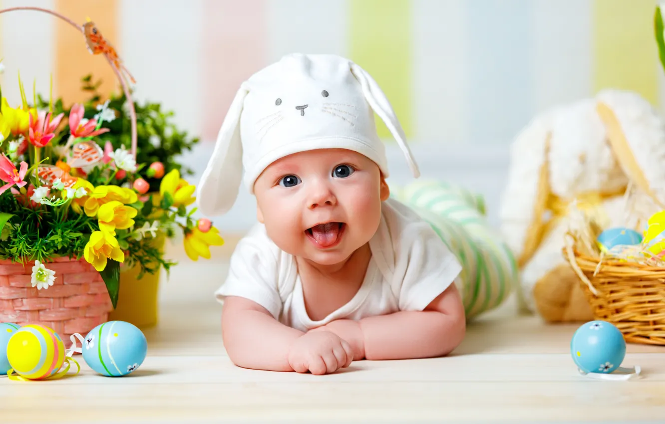 Photo wallpaper look, flowers, basket, hat, child, eggs, spring, Easter