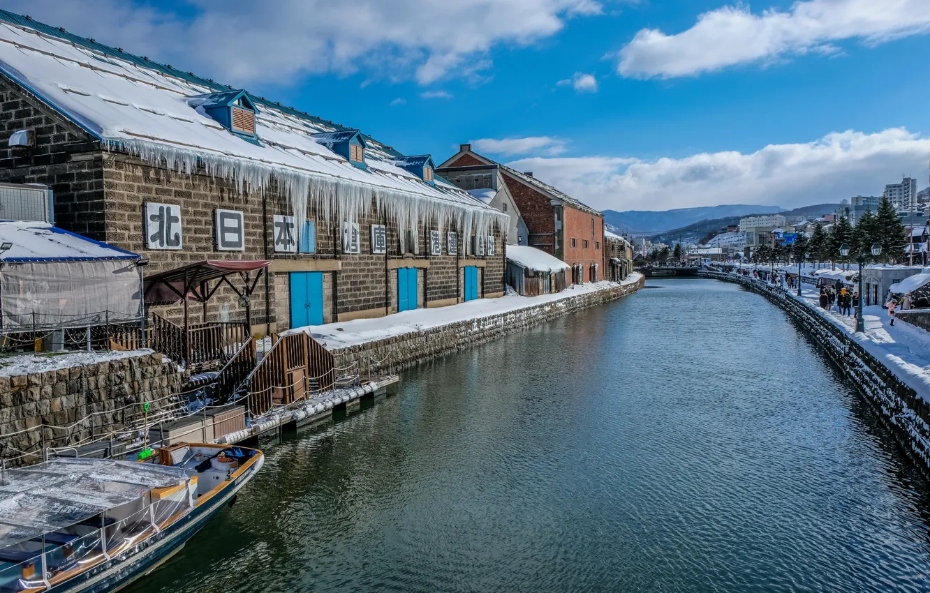 Photo wallpaper winter, photo, home, Japan, water channel, Street lights, Otaru