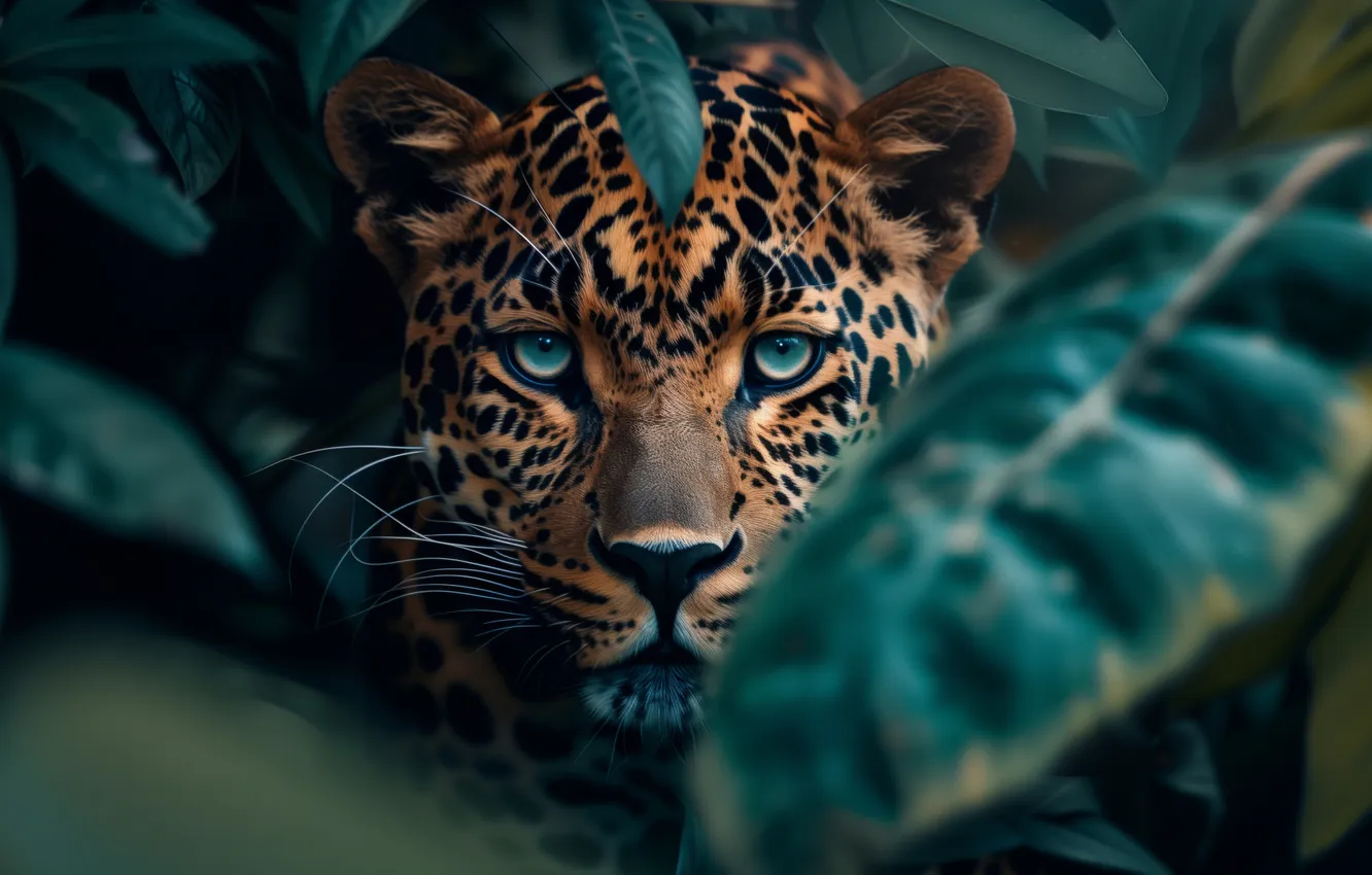 Photo wallpaper look, face, leaves, nature, thickets, portrait, jungle, leopard