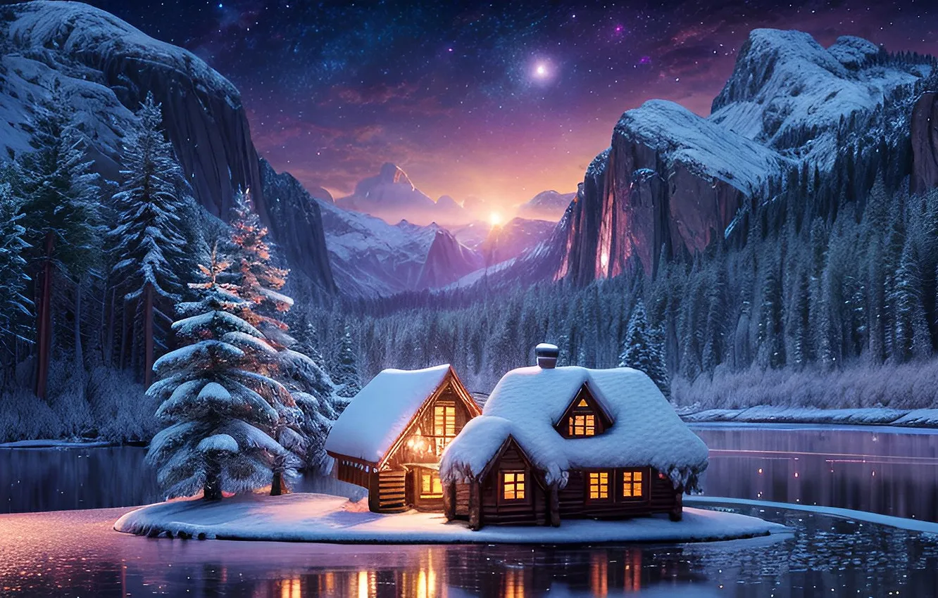 Photo wallpaper winter, frost, forest, stars, clouds, light, snow, mountains
