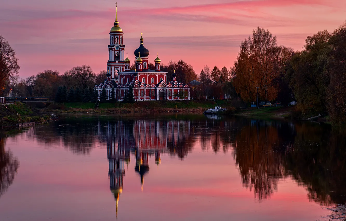 Photo wallpaper sunset, reflection, shore, Church, Cathedral, temple, Russia, pond