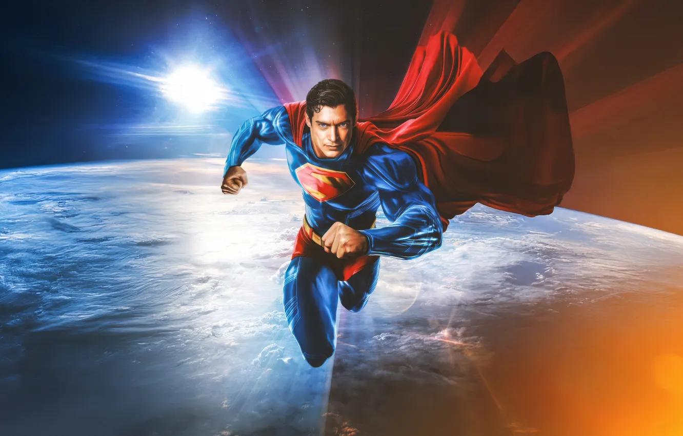 Photo wallpaper space, figure, planet, art, costume, Superman, superhero, comic