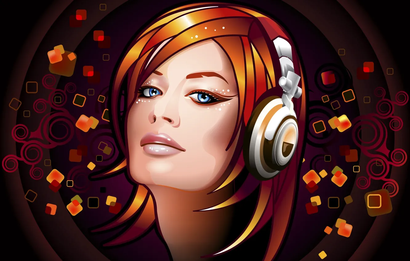 Photo wallpaper eyes, look, girl, music, hair, haircut, vector, headphones